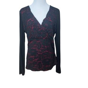 Elegant Black and Burgundy Lace Women's Top - Size L